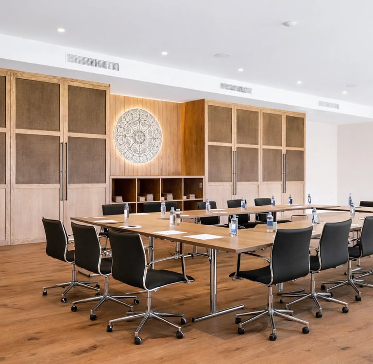 Conference room setup with boardroom table and garden access
