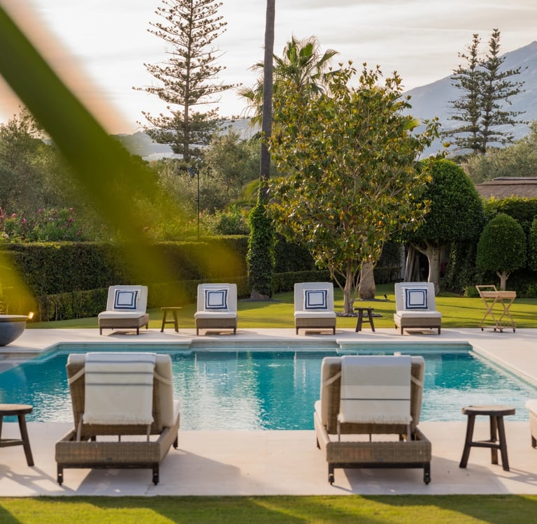 Main pool and gardens at Villa El Olivo, Marbella Golf Valley