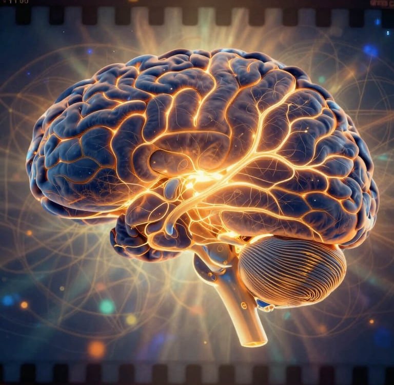 Brain neural pathways illuminated showing reticular activating system and manifestation