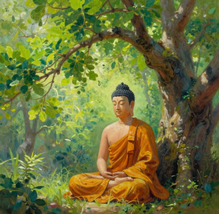 Buddha meditating under Bodhi tree demonstrating spiritual awakening path to enlightenment
