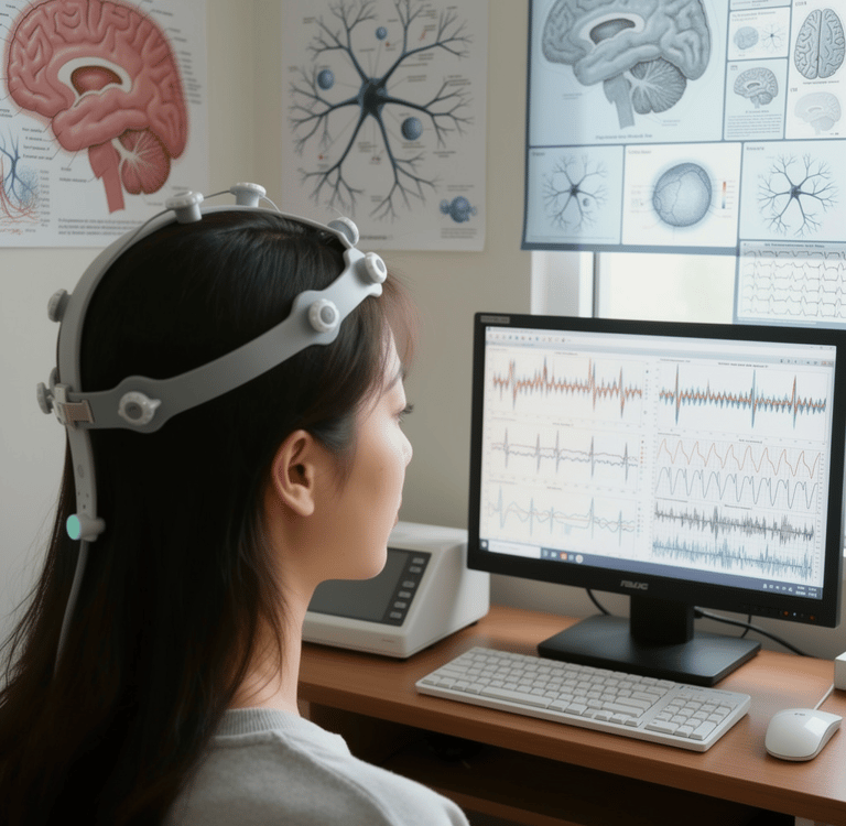 Neuroscience research showing meditation brain activity monitoring with EEG technology