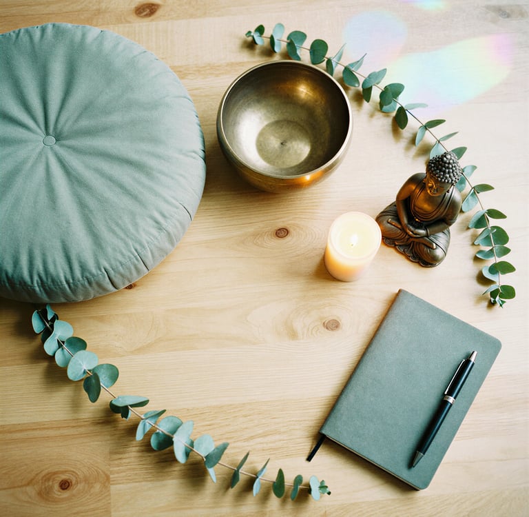 Meditation supplies flatlay with singing bowl crystals herbs natural healing mindfulness