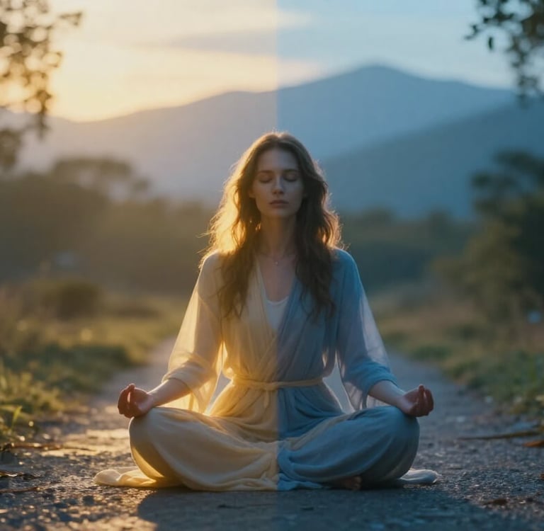 Woman meditating at crossroads representing intuition versus anxiety choice