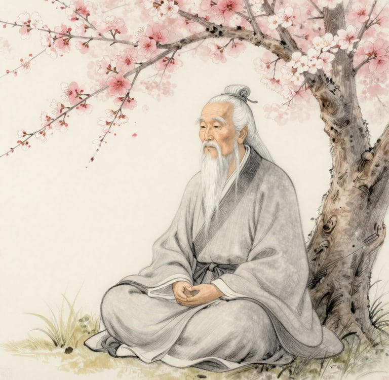 Lao Tzu meditating in nature demonstrating mindfulness and natural healing ancient wisdom