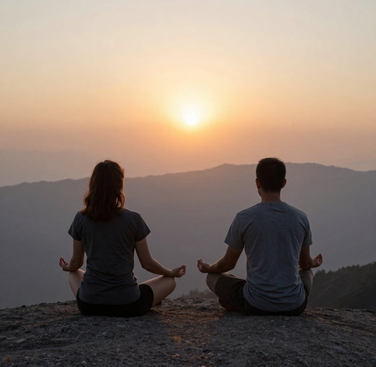 Silhouettes meditating at sunset supporting mindfulness practice for spiritual awakening 