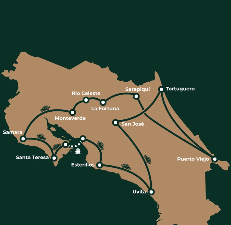 Illustratieve kaart van een reisroute door Costa Rica