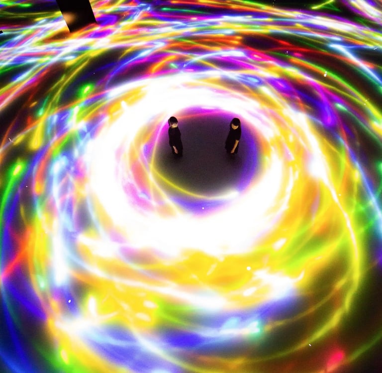 two people standing in a circle with a light that is glowing