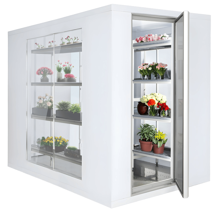 URBTEK, Top manufacturer and supplier of flower chiller cold rooms in Dubai, UAE, installing a glass flower chiller 