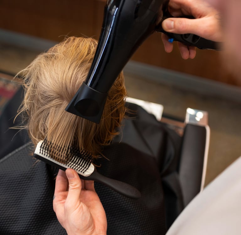 a woman is blow drying her hair in a salon