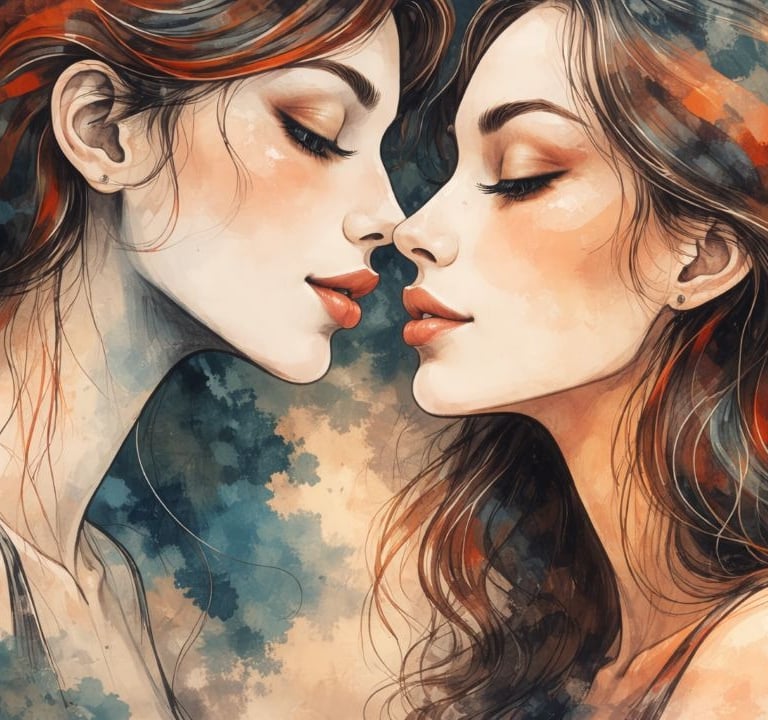 Painterly illustration of two women leaning in close, symbolizing secure love in a sapphic relations
