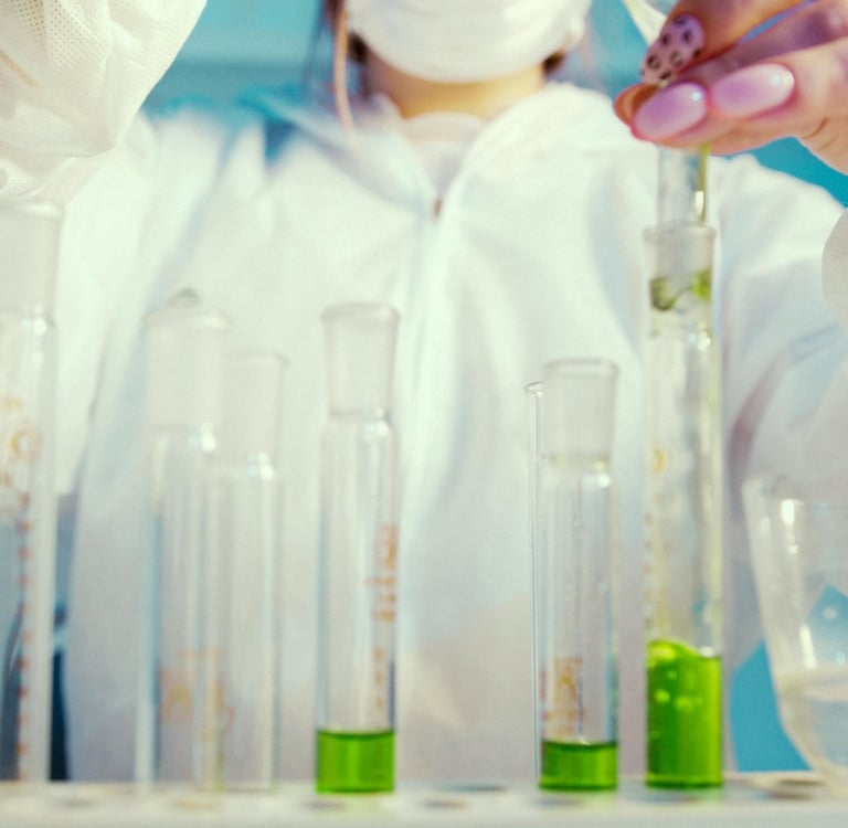 a person in a lab coat is pouring liquid into a beaker