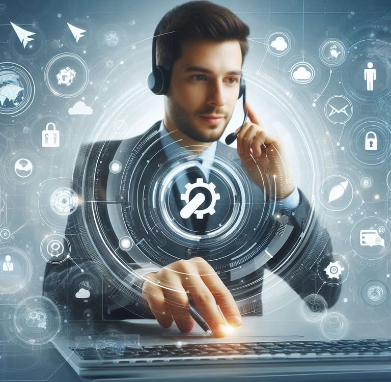 a man in a suit and headphones with a laptop