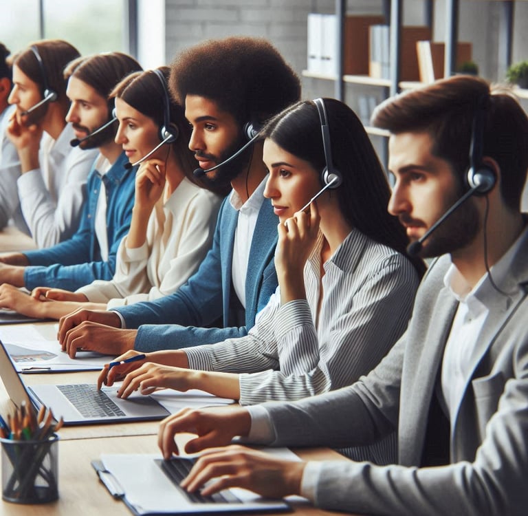 a group of people sitting at a table with headsets and headsets