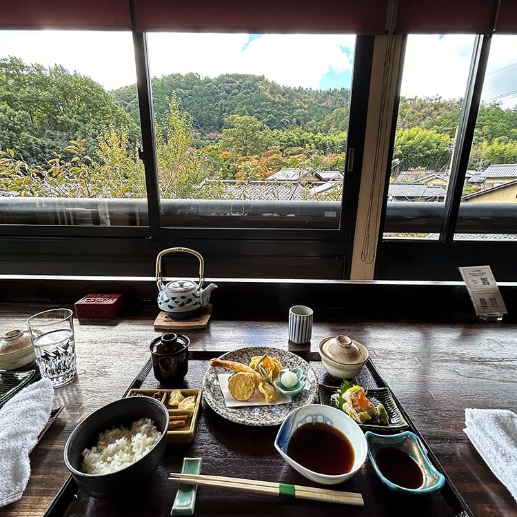 Repas kaiseki avec vue sur la foret et les montagnes