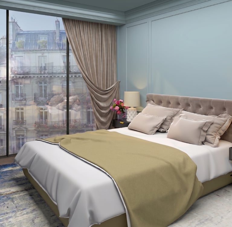 Chambre à coucher chic à Paris, grand lit, murs bleu-vert et vue urbaine.