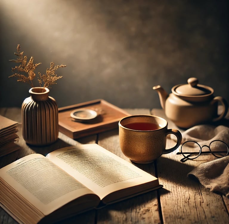 An open book, a warm drink, and natural light: quiet learning and personal reflection.