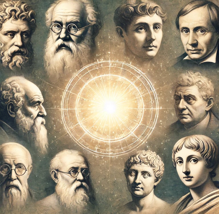 philosophers in a glowing circle—suggesting wisdom radiating across time.