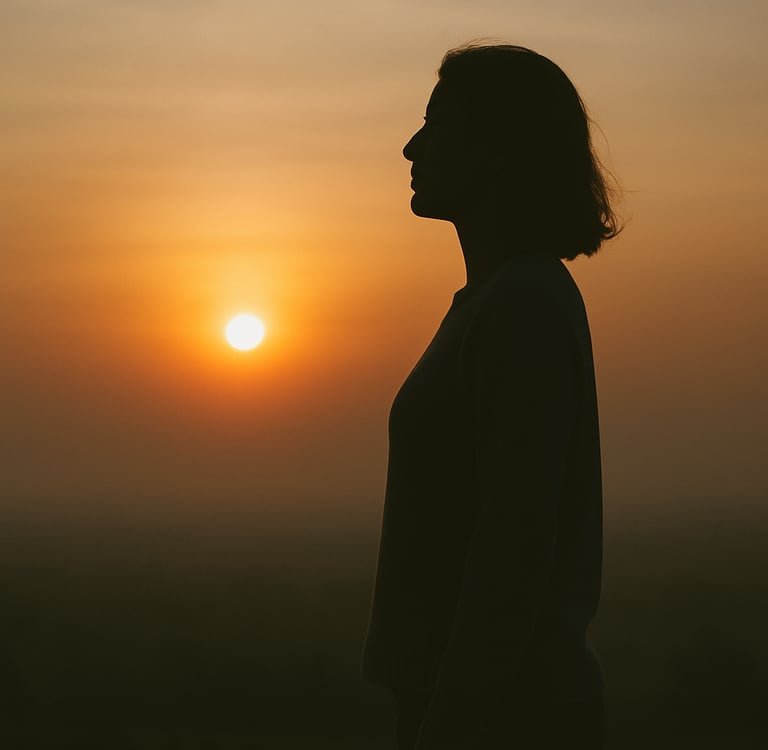 A silhouette of a woman standing quietly sunset—facing the light. A moment of calm and dignity.