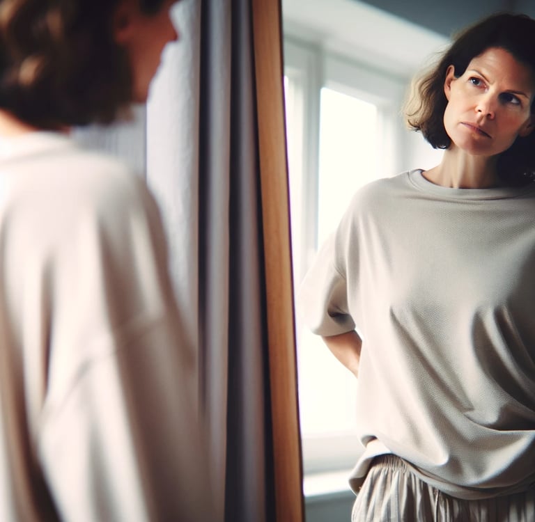 A woman in front of a mirror, slightly slouched, looking at herself with a skeptical expression