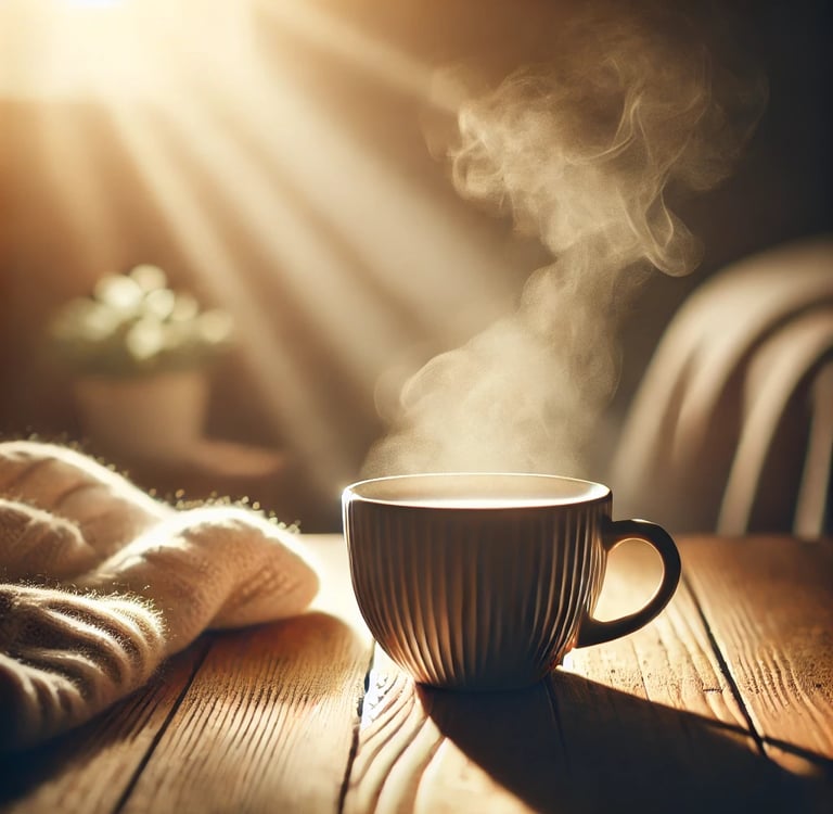 A steaming cup of coffee on a cozy table, with soft lighting and an inviting atmosphere.