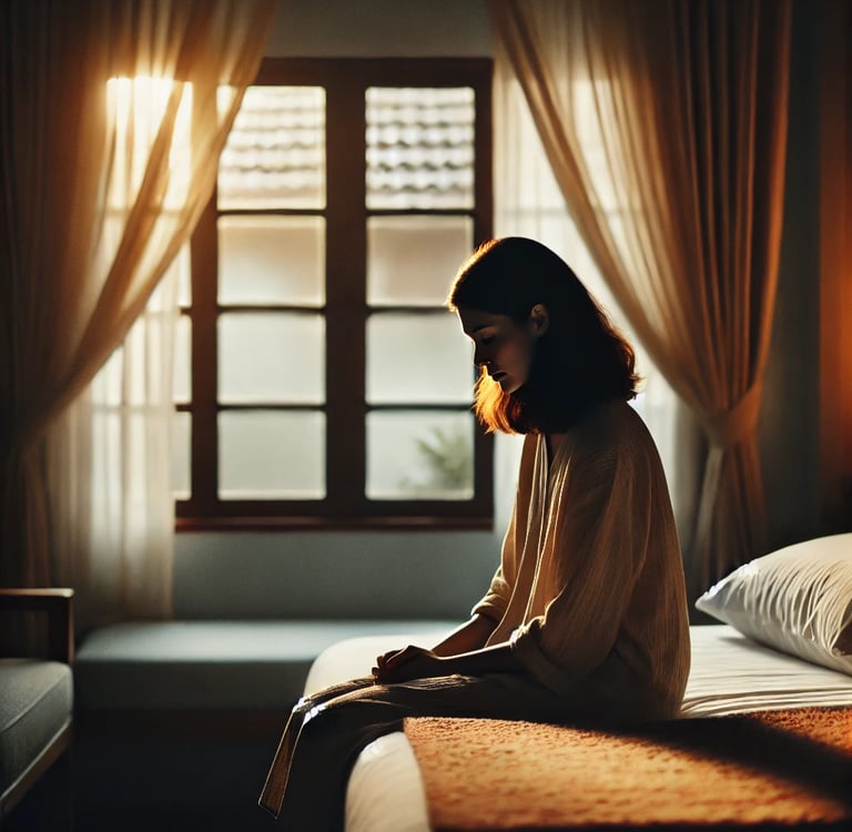 A soft morning light filtering through the curtains, a woman sitting on the bed