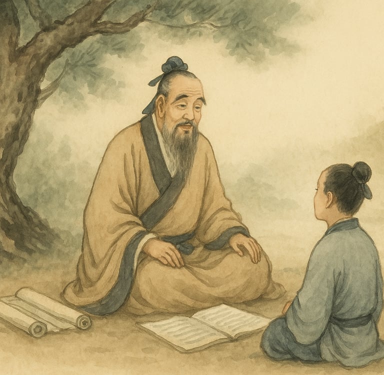 Confucius under a tree listening to a younger student—symbolizing wisdom passed through the ages