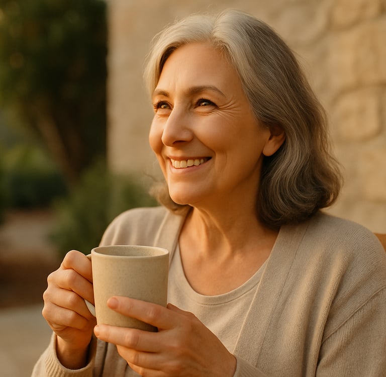 A woman in her 60s sitting outside in early morning light, sipping tea and smiling quietly.
