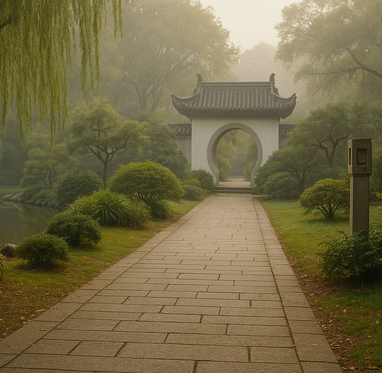 A serene path through a classical Chinese garden, morning mist —symbolizing of growth and balance