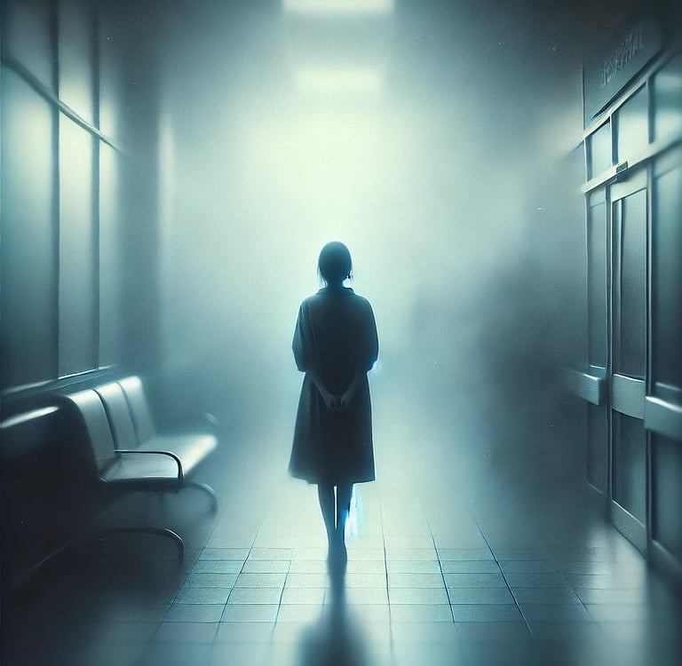 A woman leaves a hospital, the blurred world around her evokes detachment, transition, introspection