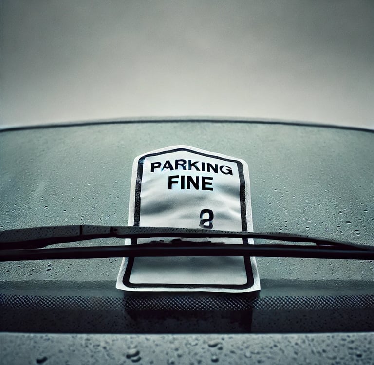 Parking fine on a windshield under a gray sky, capturing life's small frustrations.