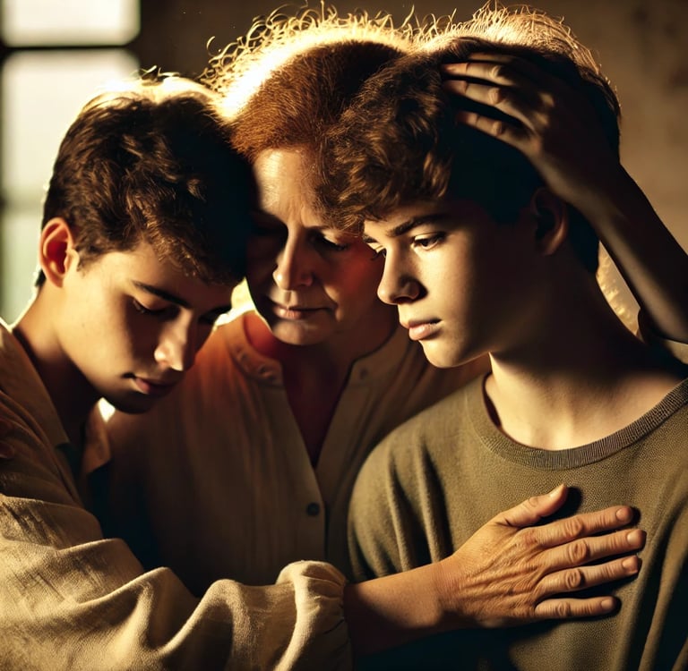A mother embraces her two teenage sons, their faces close, radiating deep love and emotion.