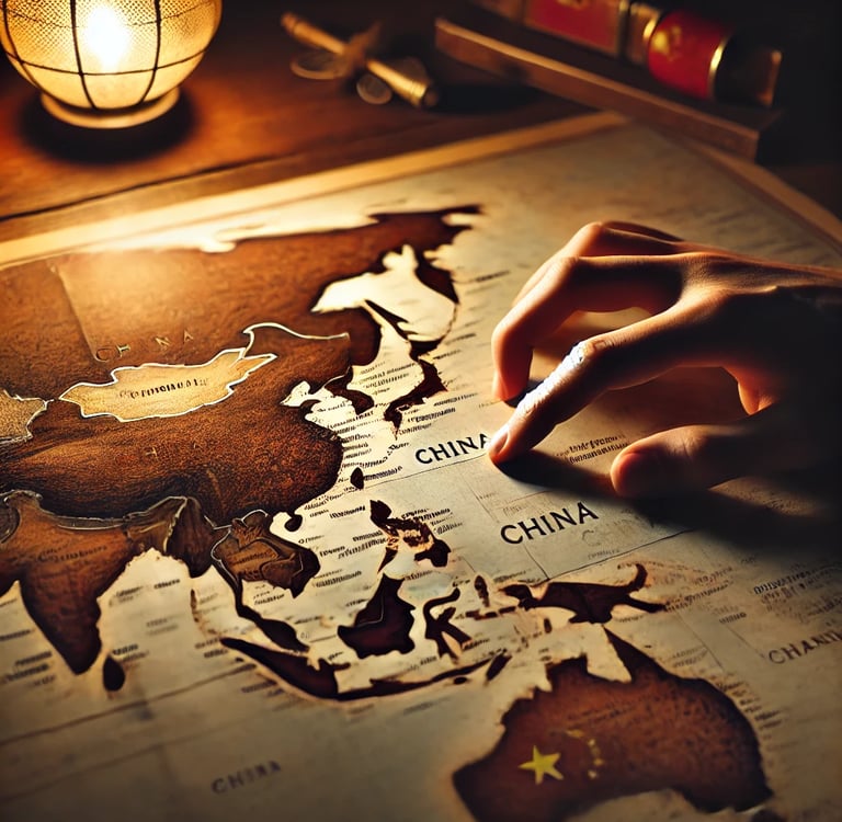 A world map on a table, a finger tracing the path toward China, signifying both escape and hope.