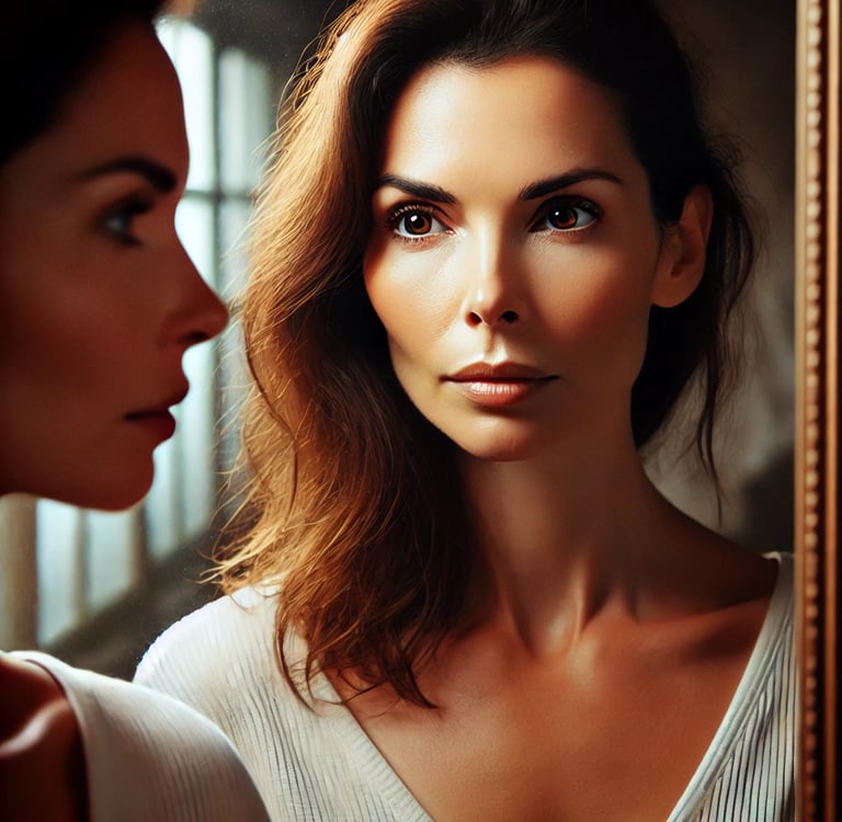 A woman’s mirror reflection—changed yet whole, strong yet soft—symbolizing growth and transformation