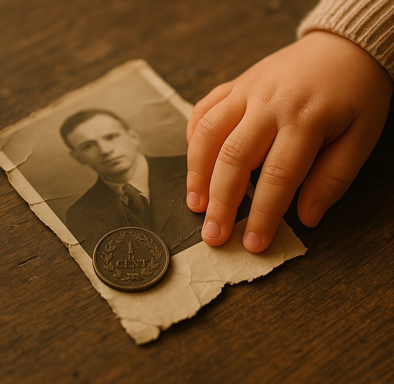 a wrinkled photo and a child’s hand - metaphor for the value and fragility of life