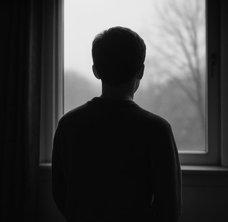 A person standing at a window, looking out — no bars, no locks, just the feeling of quiet captivity.