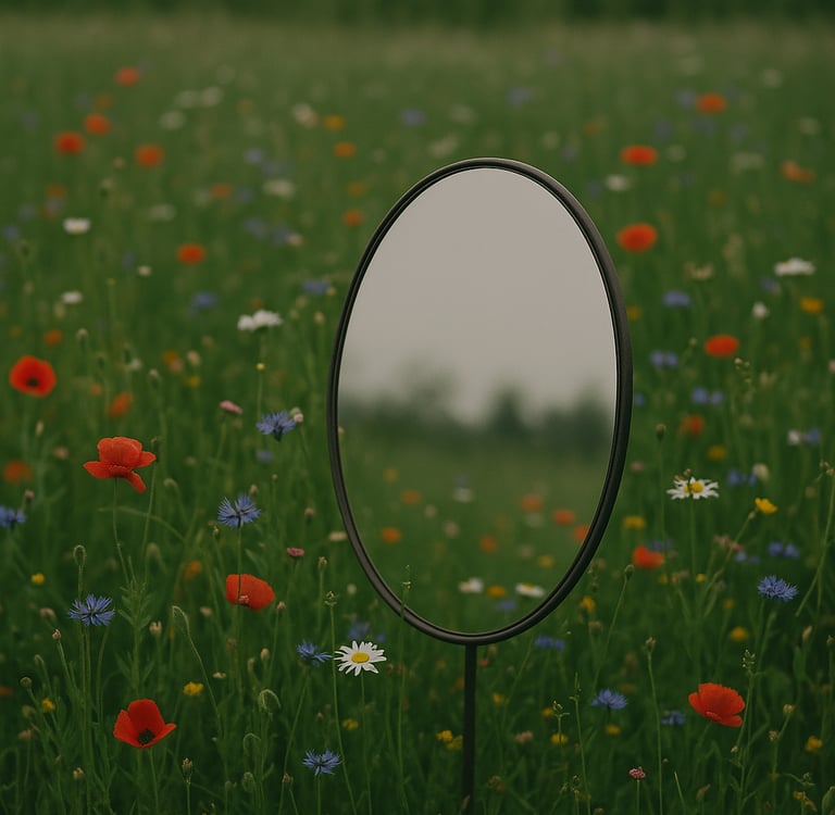 A mirror with no reflection, placed in a field of colorful wildflowers. A symbol of quiet beauty,