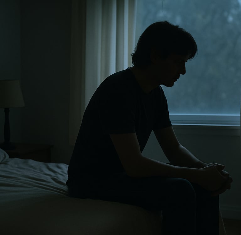 A person sitting on the bed at night looking thoughtful and uncertain