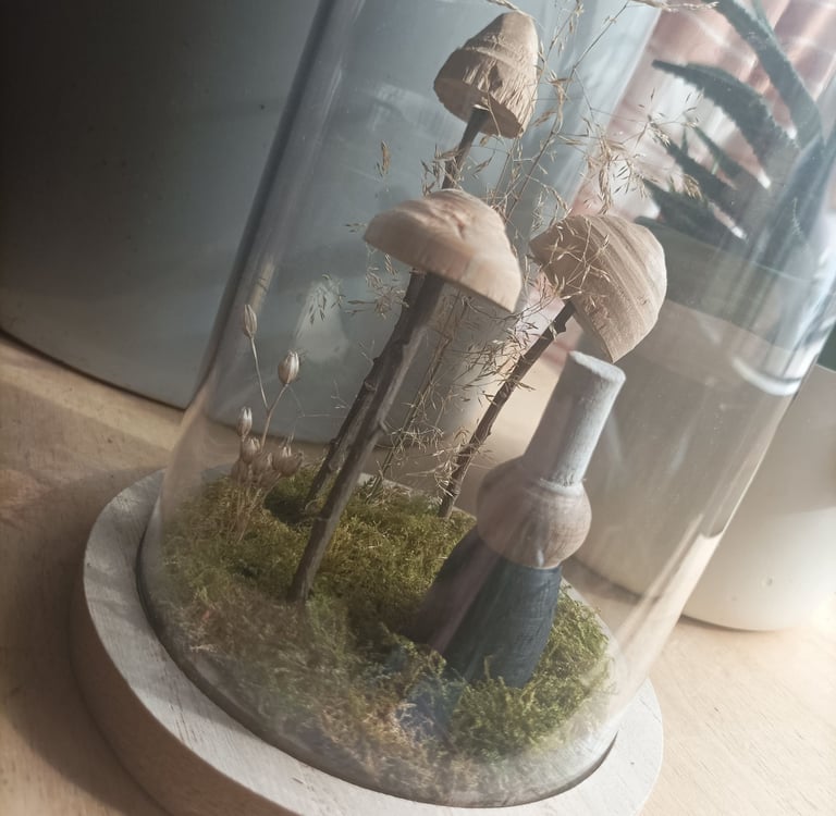 Bigoudène et champignons en bois sous cloche.