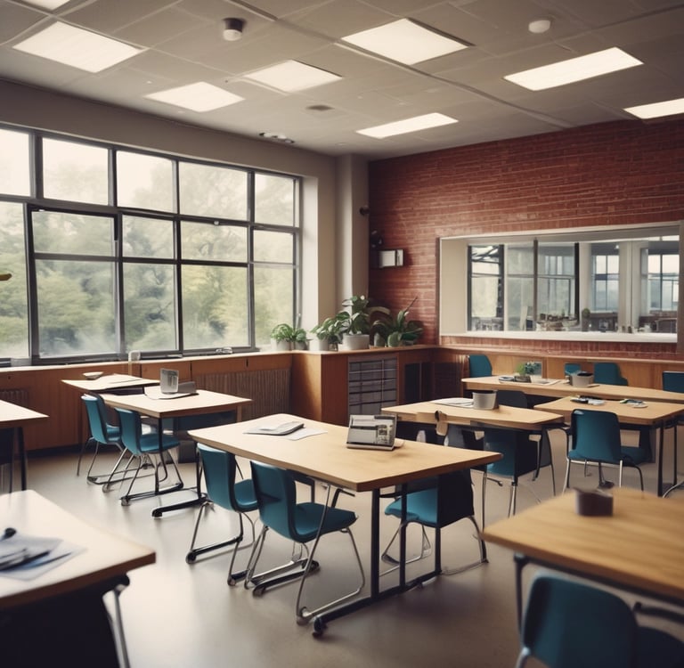 a classroom with desks plants windows and chairs and a desk