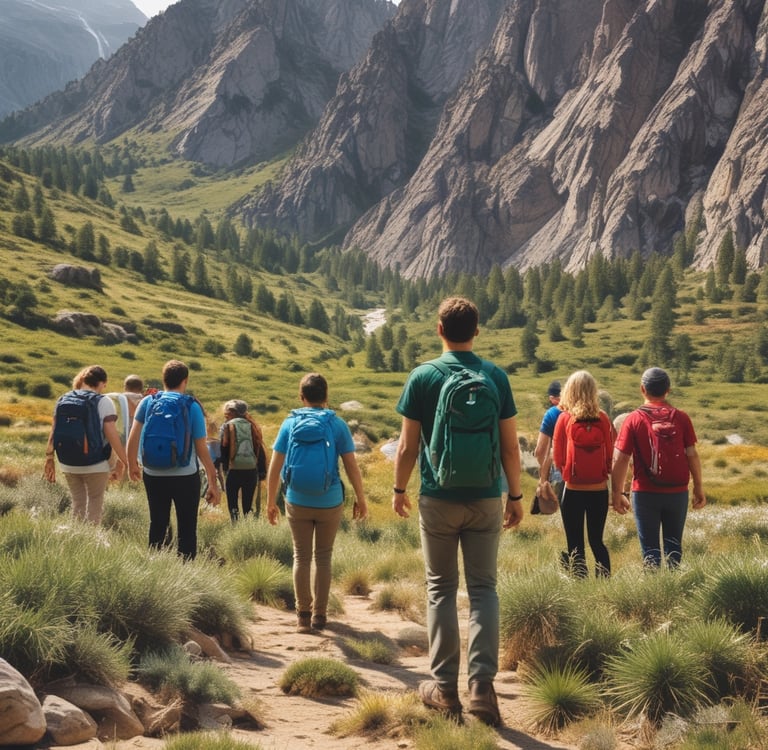 a teacher with a group of students hiking through the mountains in nature