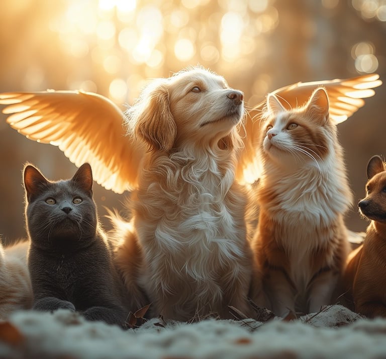 an angelic dog with its wings spread over dogs and cats.