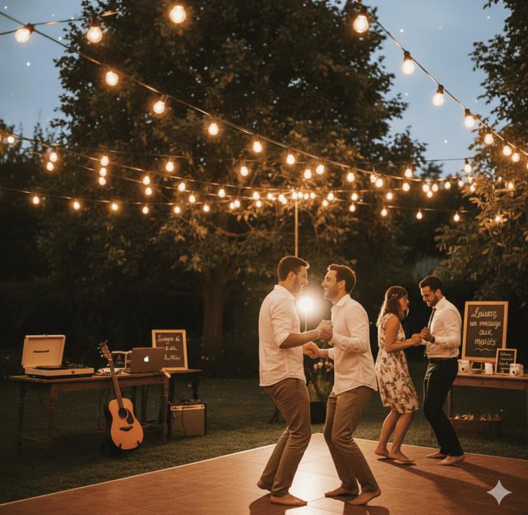 Invités dansant sous guirlandes, image d’un mariage petit budget festif
