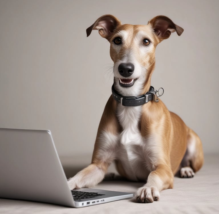 happy dog searching on laptop