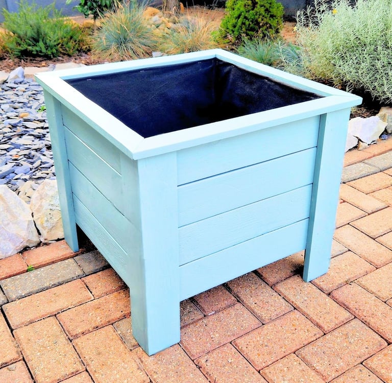 large wooden square planter on legs handmade in uk painted in colour