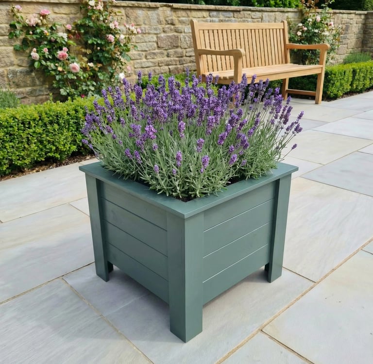 handmade planter on legs aston made from wood quality plant box painted in farrow and ball green smoke colour garden decor