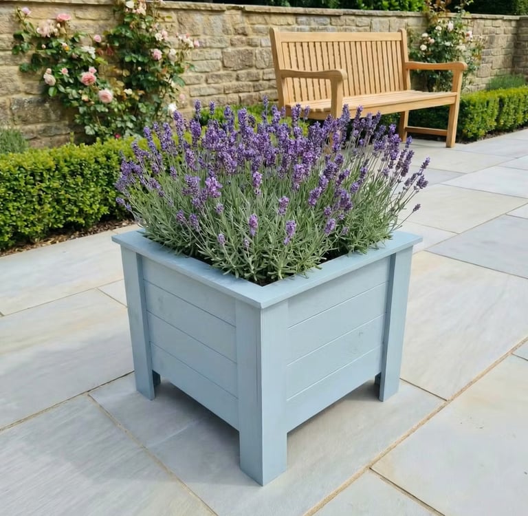 Large flower plant box wooden square planter on legs painted in white made from wood handmade in UK outdoor pot garden patio 