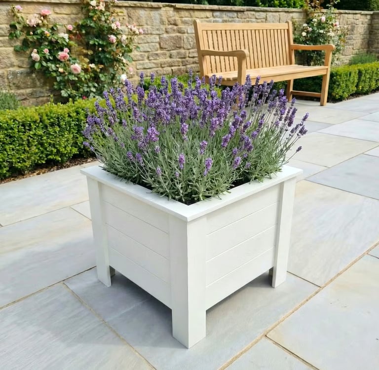 Large flower plant box wooden square planter on legs painted in white made from wood handmade in UK outdoor pot garden patio 