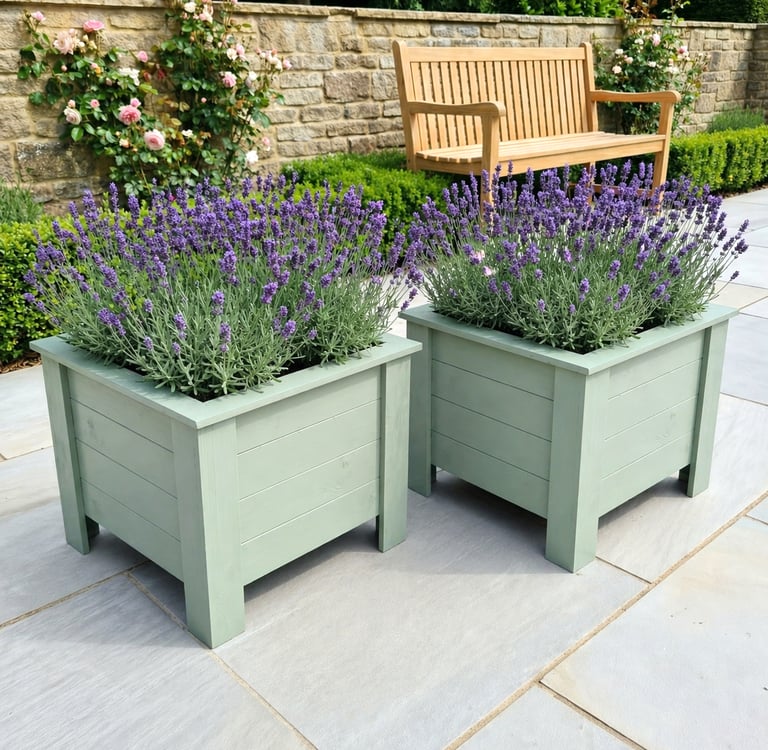 handmade planter on legs aston made from wood quality plant box painted in farrow and ball green smoke colour garden decor