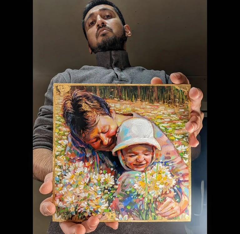 golden portrait painting of a family