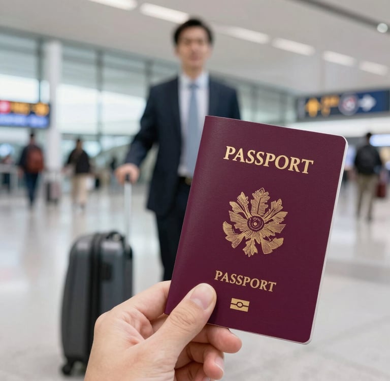 A hand is holding a passport in front of a blurred background showing a vintage-style world map with sepia tones.